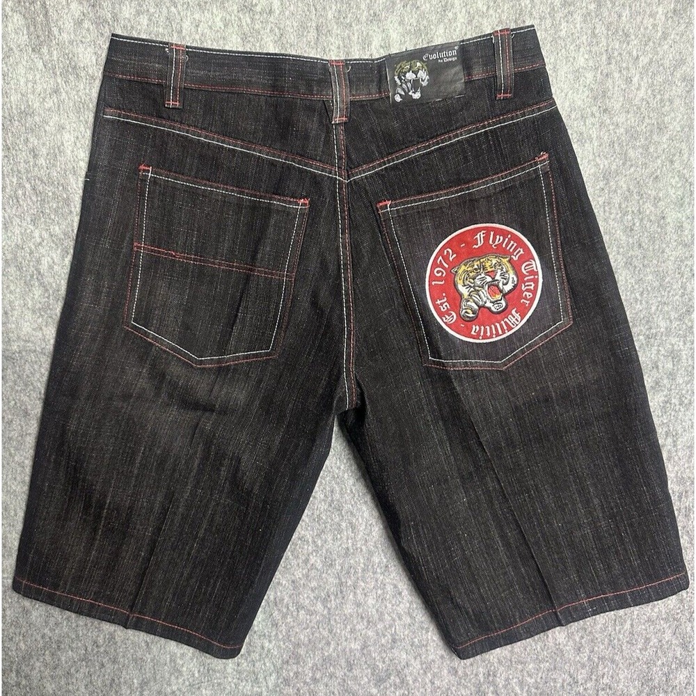 Evolution Flying Tiger Denim Shorts Baggy Y2K Embroidered COTTON - Men's Size 36